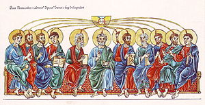 Hortus Deliciarum, Pfingsten und die Aussendung des Heiligen Geistes auf die Apostel.JPG